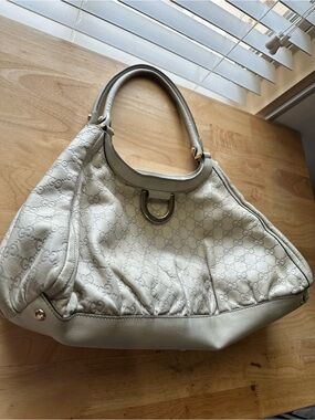 Gucci Cream Monogram Shoulder Bag with Gold-Tone Ring